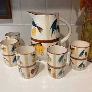 Vintage Ceramic juice pitcher and 5 cups. Fall colors, set of 6.