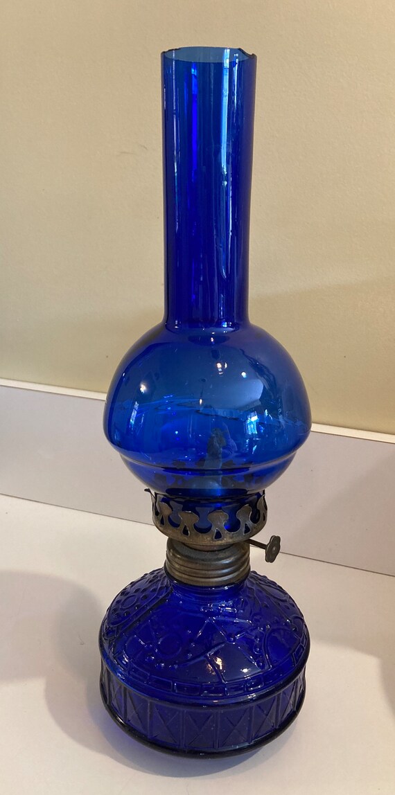 Cobalt Blue Glass Oil Lamp . 13 Tall Vintage Made in Hong Etsy