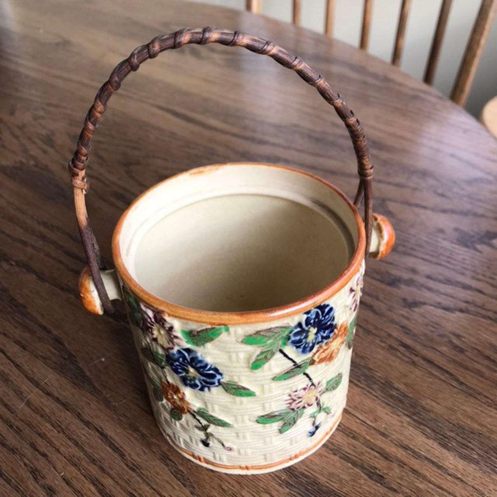 Vintage Biscuit Jar With Rattan Handle Etsy