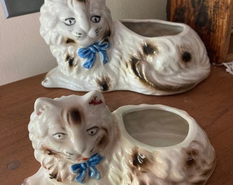 Pair of Vintage Cat with blue bow Planters. Japan