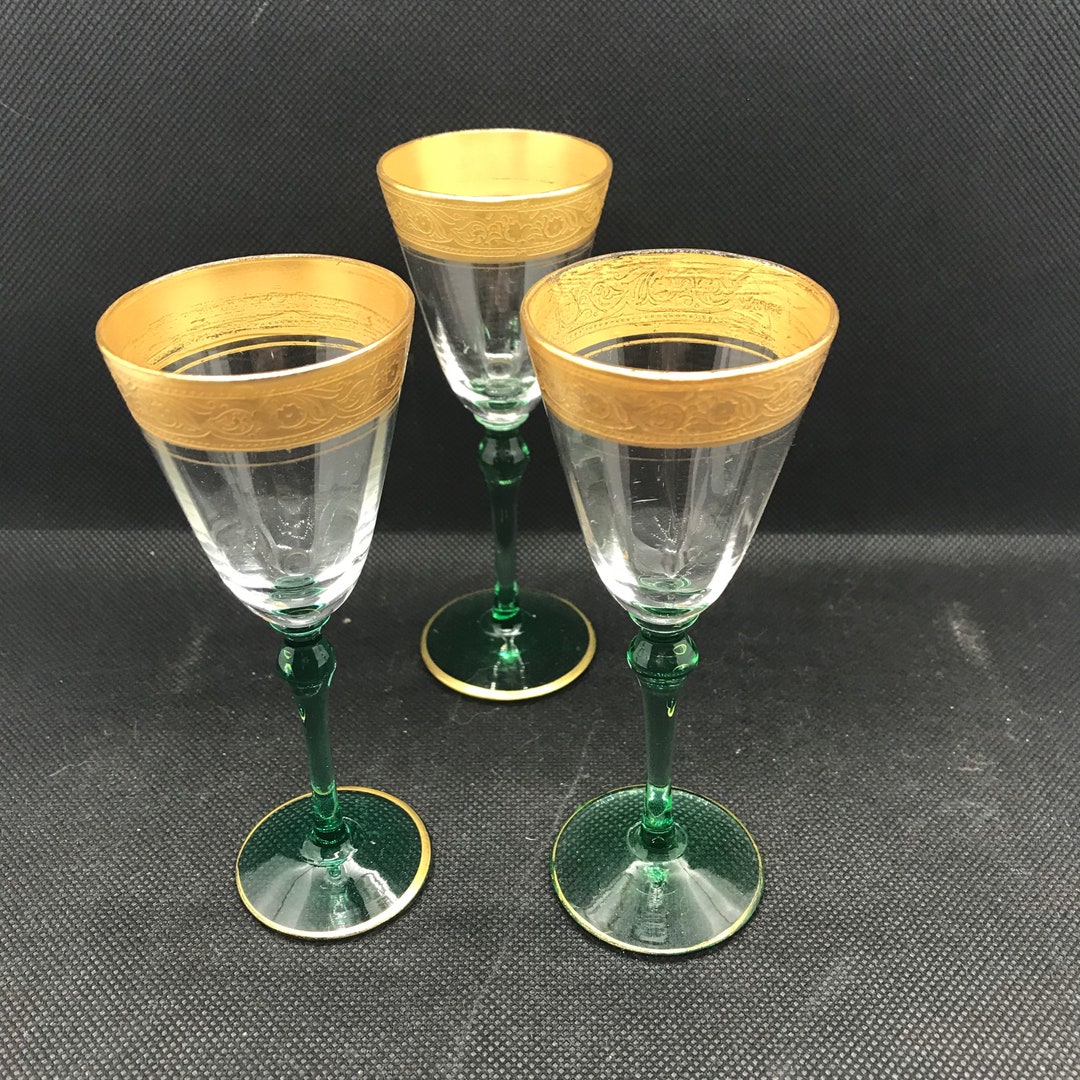 3 Small 4.5 Green Stemmed Gold Rimmed Cordial Glasses Etsy