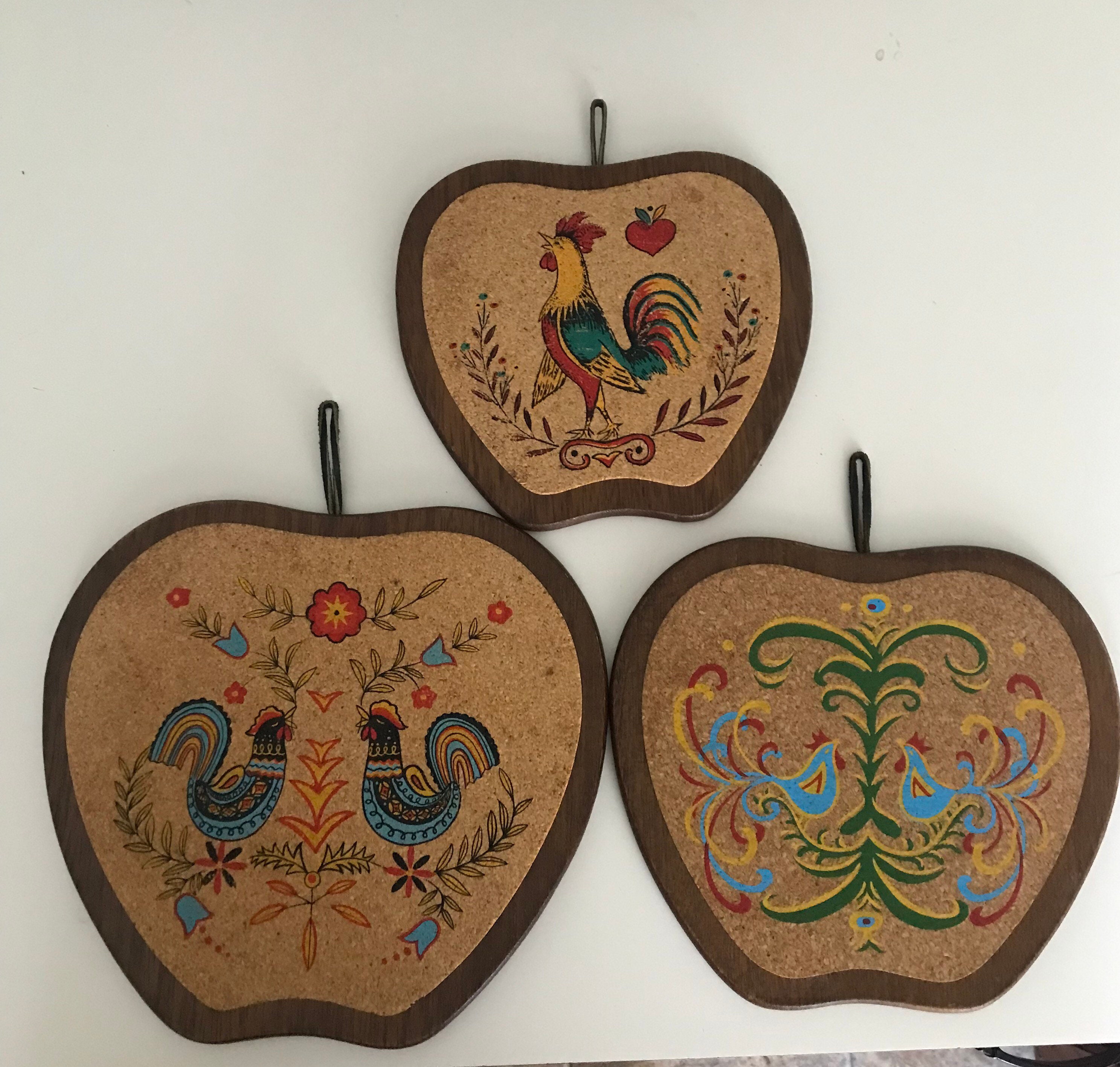 Vintage Rooster Wood and Cork Trivet Set de 3 Etsy
