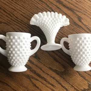 Hobnail milk glass sugar, creamer and mini ruffles fan vase