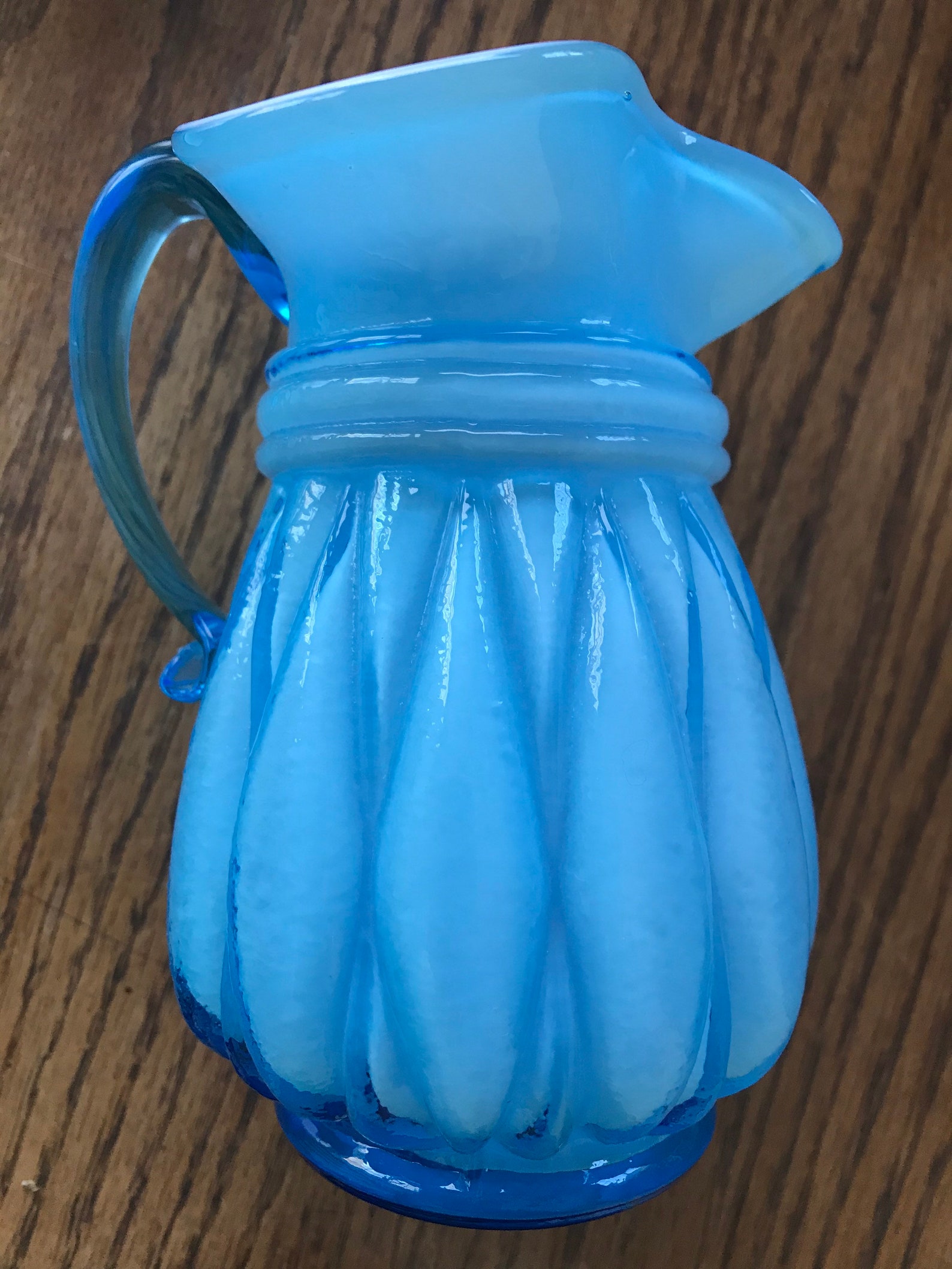 Vintage 5 blue vases glass melon shaped pitcher with applied Etsy