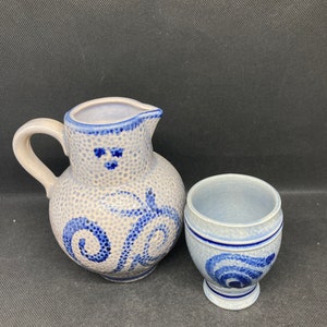 Vintage Blue salt glaze pitcher and cup. West Germany.