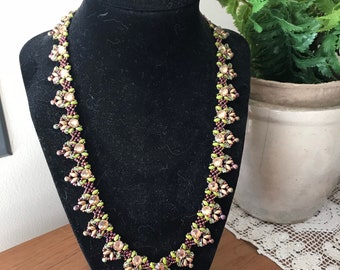 Beaded bronze, green ,matte gold and crystal necklace