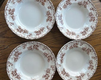 Antique JH Weatherby & Sons Brown Transferware Wide Rim bowls, set of 4, 9”x 1.5”