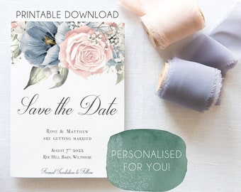 PRINTABLE Wedding Save the Date Cards, Blush Pink Floral Save The Date Card, Wedding Announcement Card, PDF print at home wedding invite