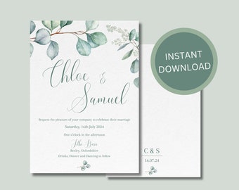 Printable Wedding Invitation, Eucalyptus Wedding Invite, Sage Green, Greenery Wedding Invite, Digital Download Template, Editable Canva