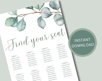 Printable Wedding Table Plan, Eucalyptus Reception Seating Plan, Sage Green, Greenery Wedding, Digital Download Template, A1 Editable Canva