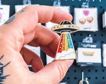 Rainbow UFO Alien Space Ship Enamel Pin