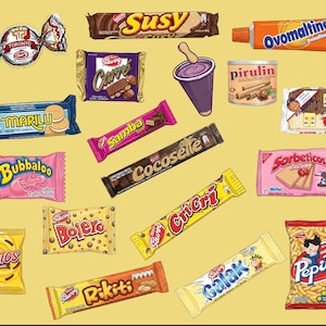 May include: A collection of various wrapped candies and snacks, including chocolate bars, wafers, and hard candies. Featured brands include Susy, Cocoselle, and Bubbaloo. The items are arranged on a yellow background.