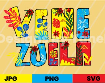 Diseño floral venezolano en formato SVG, PNG y JPG, diseño de orgullo venezolano, imágenes prediseñadas para sublimación, letras florales.