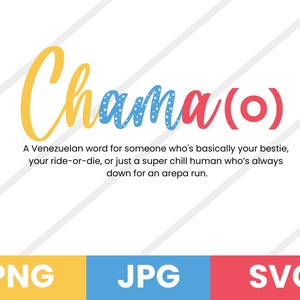 Può includere: Un design grafico con il testo "Chama (0)" in giallo, blu e rosso. Il testo è una parola venezuelana per un amico stretto o un amico fidato.