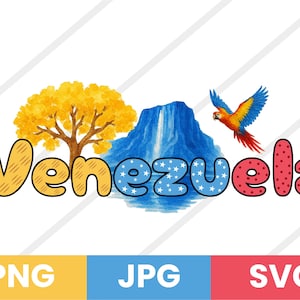 Può includere: Un design grafico colorato con la parola "Venezuela" in un font giocoso. Il design include un albero giallo, una cascata blu e un pappagallo vibrante. Le lettere sono decorate con motivi e colori.