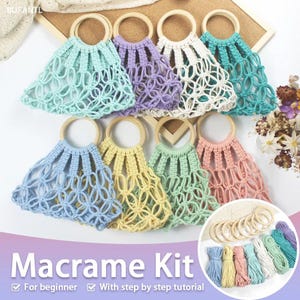 May include: A set of seven colourful macrame bags with wooden handles. The bags are made with cotton cord and are available in a variety of colours, including blue, green, yellow, pink, and purple. The set also includes a step-by-step tutorial for beginners. Macrame Kit. For beginner. With step by step tutorial.