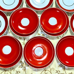 Red Tea Set, tableware Porcelain Set plates and cups, Farmhouse style Set red polka dots Teapot and cups, Retro style, red plates made USSR