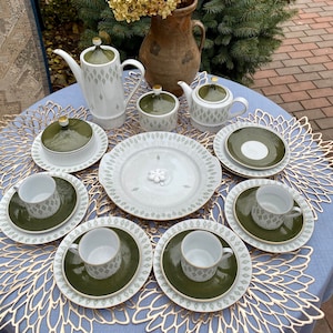 Vintage tea set, white tea cups and saucer, bone china cups, Made in GDR 70s, green porcelain set, porcelain cups and saucer, green tea set