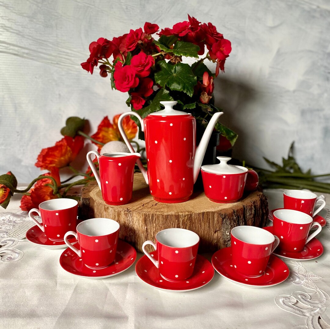 Vintage Coffee Set, Miniature Porcelain Red Tea Set, Doll Tea Set ...