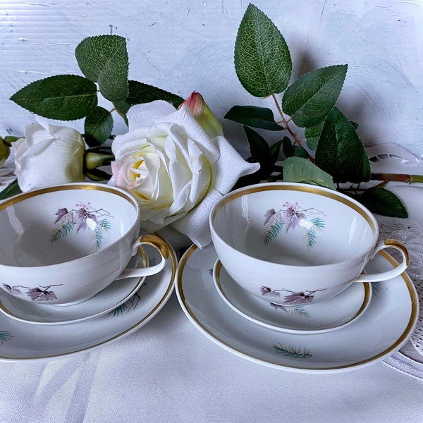 Set zwei Tassen und Untertassen, Teetasse und Unterteller Set Made in Germany, Vintage Teetasse botanisches Muster, Trio Unterteller Teller Speisegeschirr Bone China