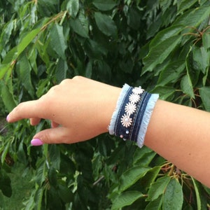 Wrist fabric Denim Bracelet Uncycled jeans, Denim fabric bracelet dark blue wide denim cuff Boho blue jeans bracelet Recycles Denim Cuff
