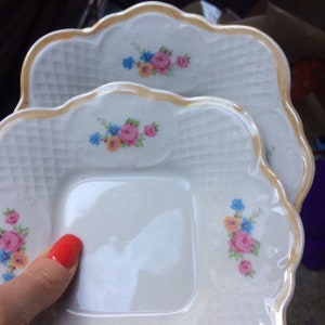 Small square-shaped salad bowls plates, Porcelain dessert plates, Floral dinner plates for salad, Granny Chic dishware USSR 1980s white bowl