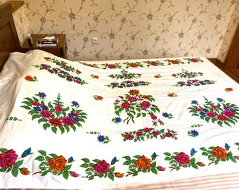 White cotton sheet with bright flowers, large roses bedspread, multicolored flowers forgiven cotton 100% natural fabric, one and a half size