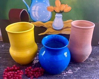 Vintage clay vessel, blue color clay pot Rustic bowl, Yellow Ceramic jug, Traditional ceramic pitcher, Primitive Home decor, Farmhouse decor