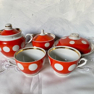 Vintage Tea Set, tableware Porcelain Set cups and teapot, Farmhouse style Set Tableware, Set red polka dots Teapot and cups, Retro style