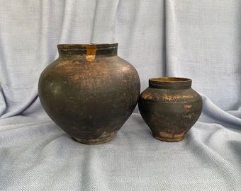 Primitive clay pottery, primitive pot, Rustic ceramic bowl, Traditional ceramic pitcher wabi sabi ceramic bowl, aged jar thrifted black jug