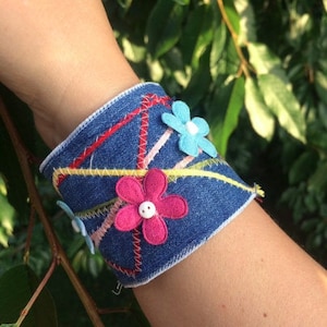 Wrist fabric Denim Cuff,  Upcycled jeans bracelet, blue wide denim cuff, blue jeans friendship bracelet, Recycles Denim Bracelet Boho Hippie
