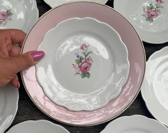Vintage borden porselein kleine witte borden Rose, mooie set van 6 borden roze roos, Porselein Sovjet-Unie 70-s Vintage stijl tafel decor