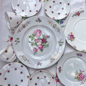Big set vintage cup and plates with small flowers, white bone china, thin transparent porcelain tea set, white vintage set plates rose