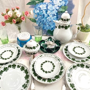 Table decor, White Dinner set plates, Antique porcelain tea set, Plates of GDR Henneberg Porzellan factory, white plates with green leaves