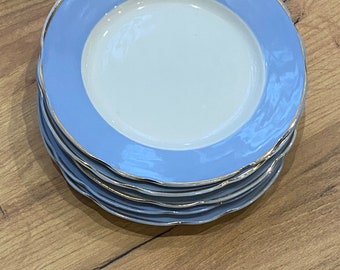Set of 6 dinner plates Blue plates with golden border Made in USSR Retro style plates