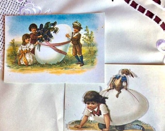 Easter greeting cards, vintage postcard with the Easter bunny, drawing with the Easter theme Children and eggs Set of 2 vintage postcards