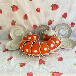Vintage Tea Set, tableware Porcelain Set cups and teapot, Farmhouse style Set Tableware, Set red polka dots Teapot and cups, Retro style