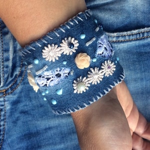 Blue Denim Cuff Bracelet jeans fabric bracelet dark blue wide denim cuff Boho blue jeans bracelet with lace Recycles dark blue denim cuff