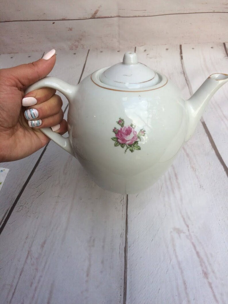 Vintage small porcelain Teapot with rose White with Pink Etsy