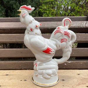 Vintage Roosters figure, porcelain Rooster, small statuette Decanter Rooster, jug Cockerel, Ukrainian porcelain vase Rooster, kithen decor