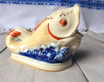 Vintage vase, porcelain ashtray form of fish, porcelain statue fish, kitchen decor, napkin holder on the table, USSR 1960s