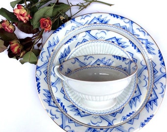 White cup abstract pattern, Ancient porcelain tea set Utensils of German factory Seltmann Weiden 1940, bone china tea set White blue tea set