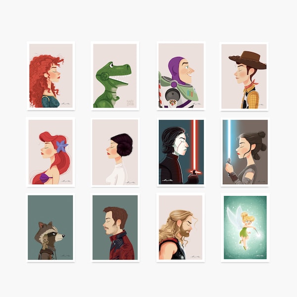 Illustration A4, 12 modèles au choix : Merida, Rex, Buzz, Woody, Ariel, Leia, Rey, Kylo Ren, Rocket & Groot, Star Lord, Thor et Clochette
