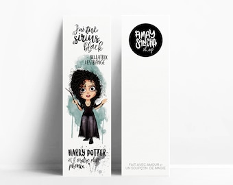 Bookmark with a drawing of Bellatrix Lestrange, with a quote in french, made in France