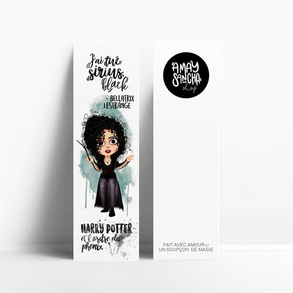 Bookmark with a drawing of Bellatrix Lestrange, with a quote in french, made in France
