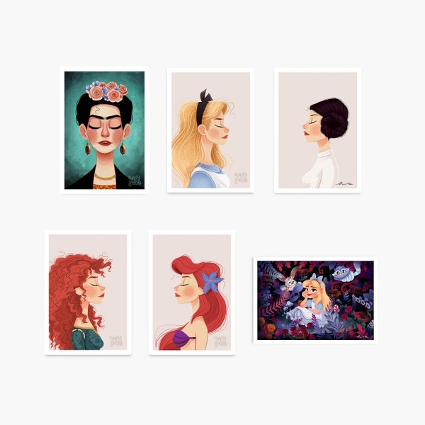 Carte postale A6, 6 modèles au choix :  Frida, Alice, Leia, Merida, Ariel et Alice in the Forest, imprimé en France