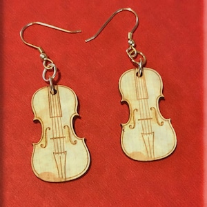 Violin Shaped Earrings | Fiddle Earrings - Made of Maple and 14k Gold Plated Fish Hook Earwires and Jump Rings