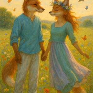 Fox Greeting Card for Fox Lovers - Two Foxes in Love - A True Love Story - Folded Holiday Card - 5"x7" -