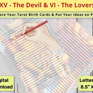 Tarot Geboortenummer 15 De Duivel Tarotkaart en 6 De Geliefden Tarotkaart Dagboekpagina's | Tarot geboortekaarten | Afdrukbare notitieboekjes