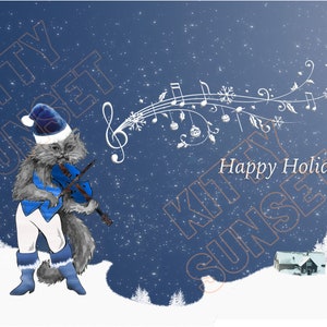 Chat en bottes bleues jouant du violon au clair de lune - téléchargement numérique - carte de Noël - chat et violon